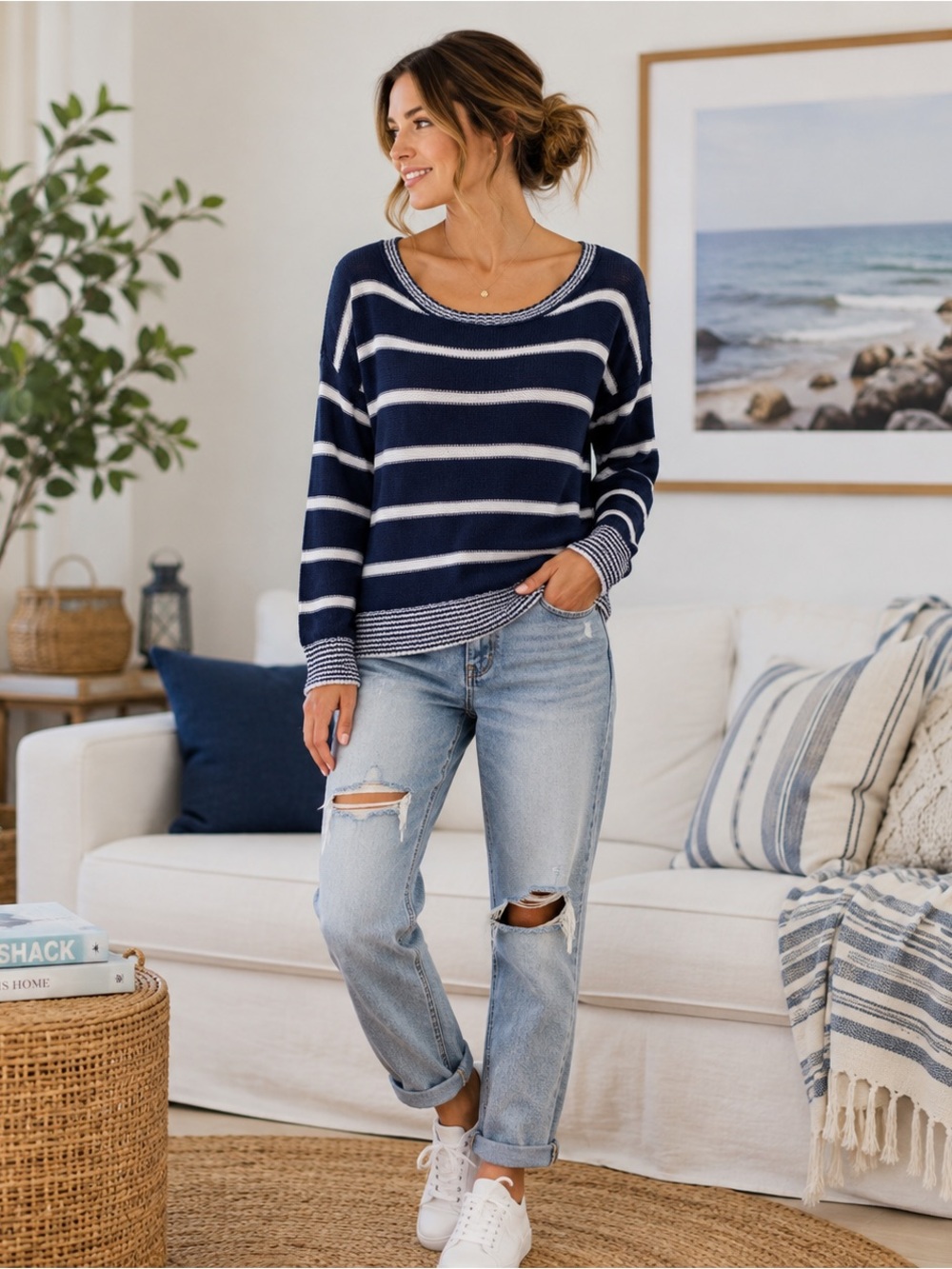 American Eagle Navy White Striped Lightweight Knit Sweater XS Nautical Coastal